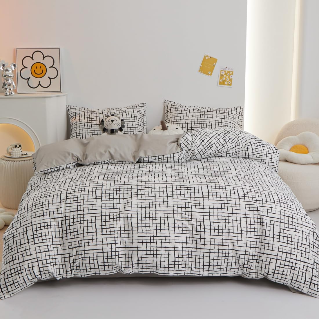 Plaid Duvet Cover Set Queen 100% Cotton Bedding Black and White Grid Checkered Print