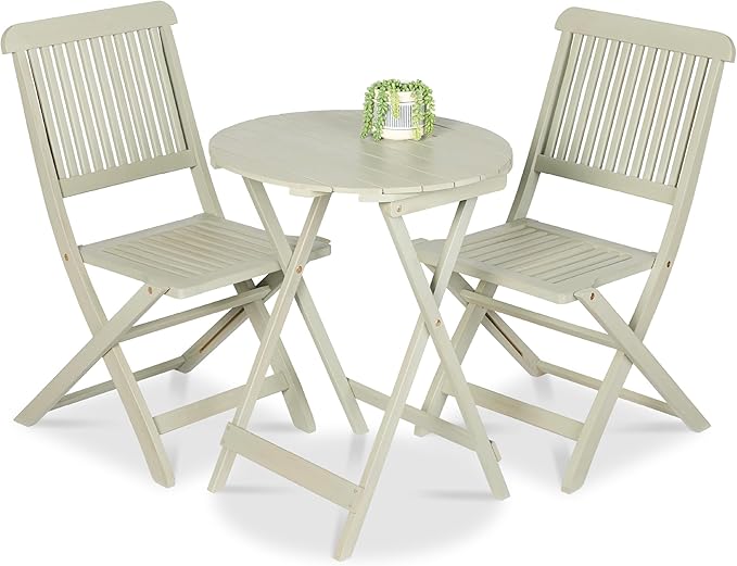Acacia Wood Bistro Set - 3-Piece Folding Patio Furniture with 2 Chairs & Round Coffee Table