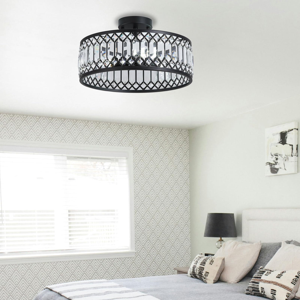 16" Black Crystal Ceiling Light - 3-Light Semi Flush Mount Chandelier