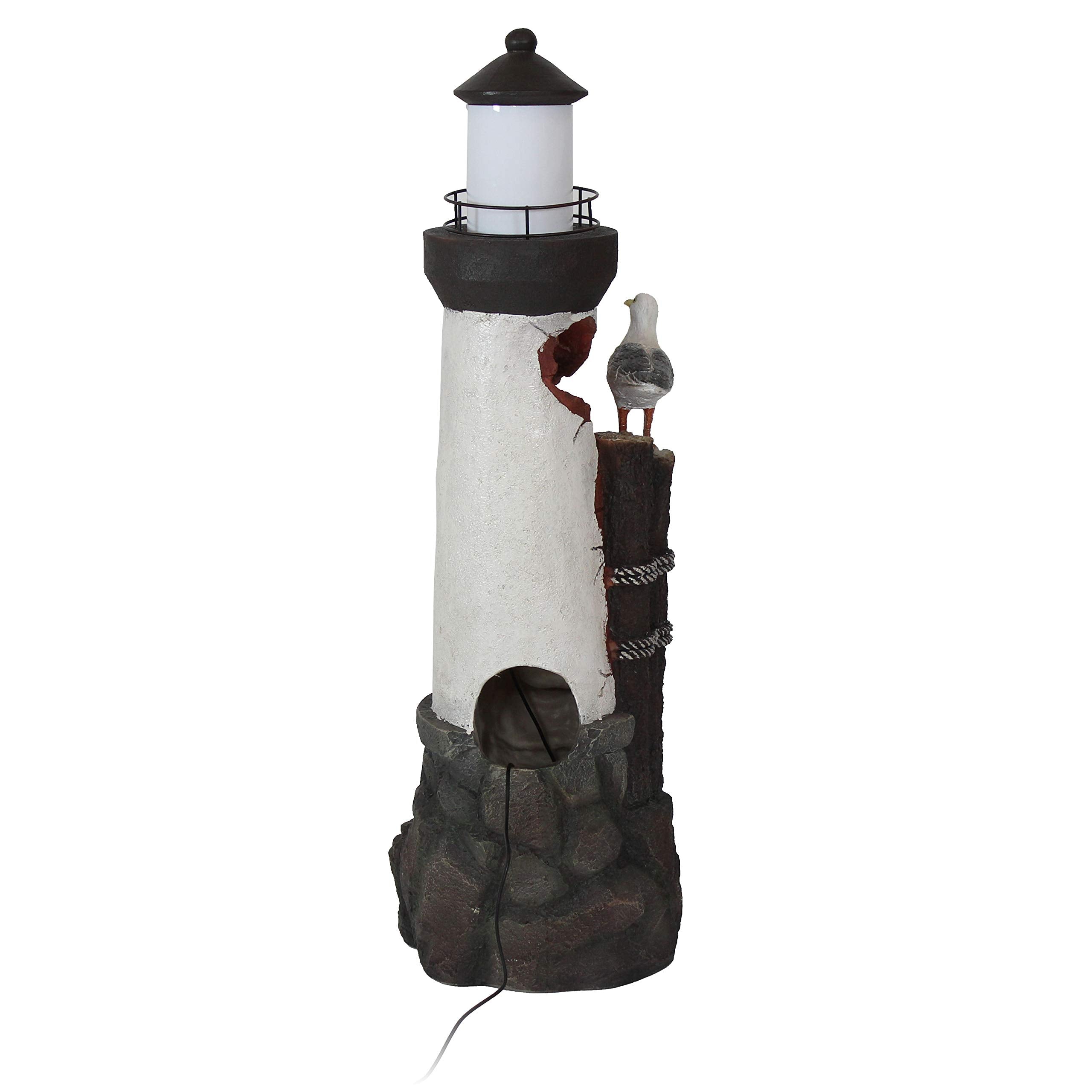 Sunnydaze 36-Inch Gull's Cove Outdoor Lighthouse Water Fountain with LED Light - Polyresin Decorative Water Feature