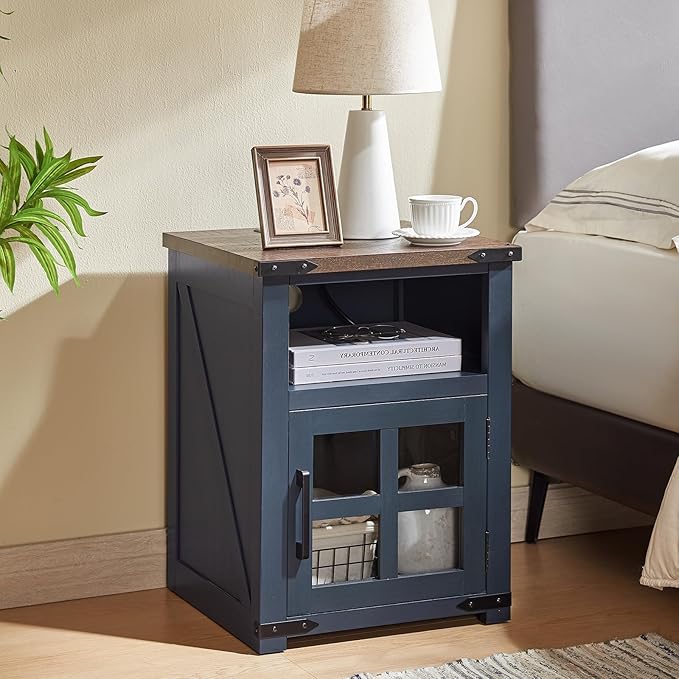 Farmhouse Nightstand with Charging Station, Rustic End Table with Tempered Glass Barn