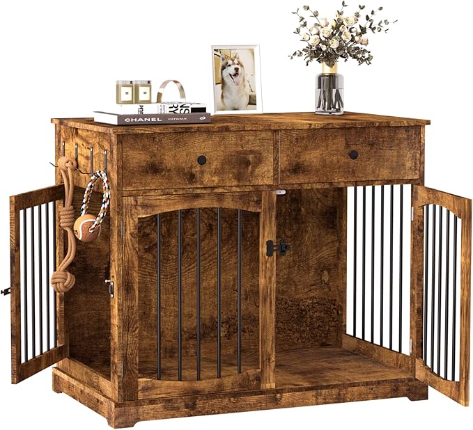 40 Inch Dog Crate Furniture with Drawers - Farmhouse End Table