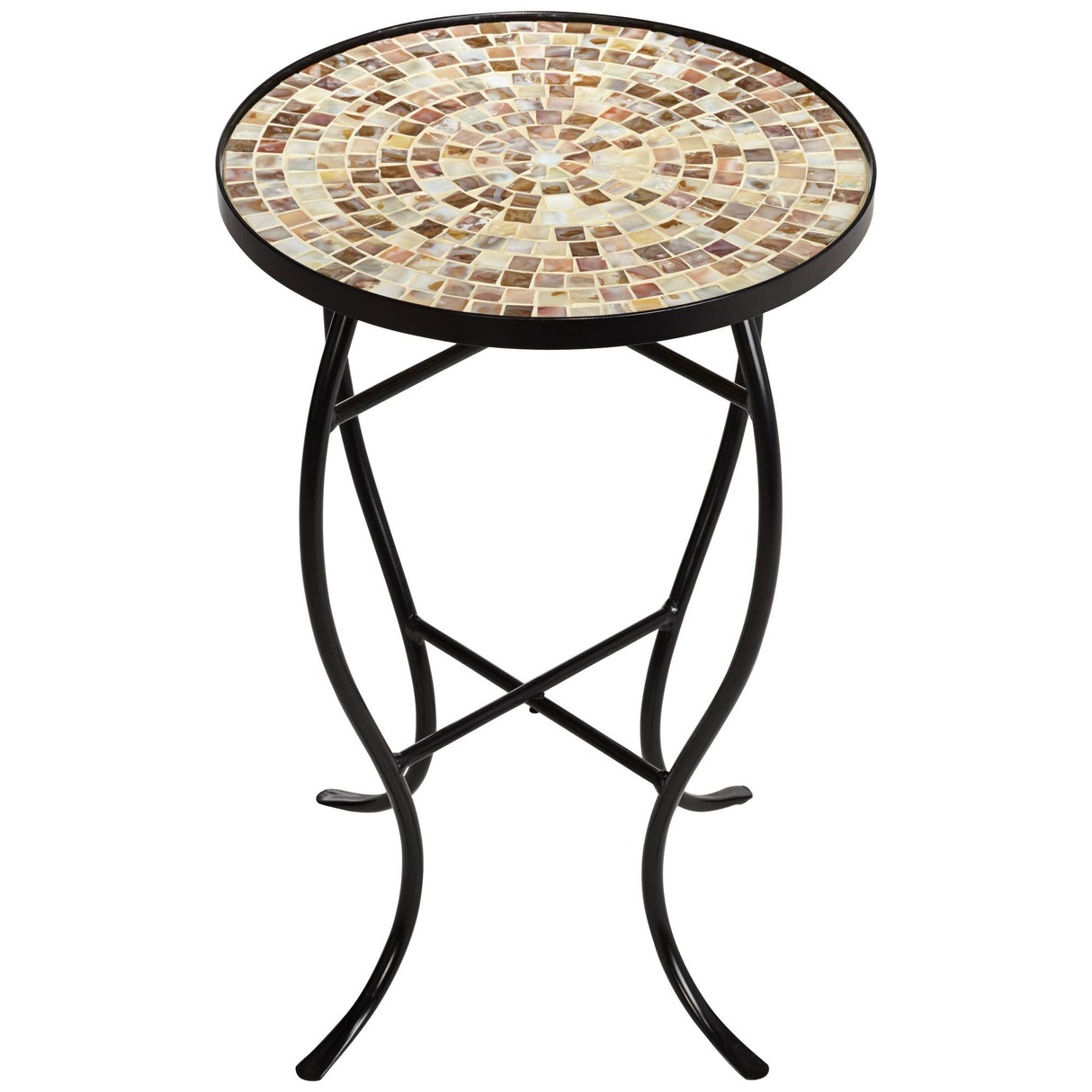 Teal Island Designs Mother of Pearl Modern Black Metal Round Outdoor Accent Side Tables 14" Wide Set of 2 Natural Mosaic Tile Tabletop Curved Legs for Spaces Porch Patio Home House Balcony Deck - Bircata