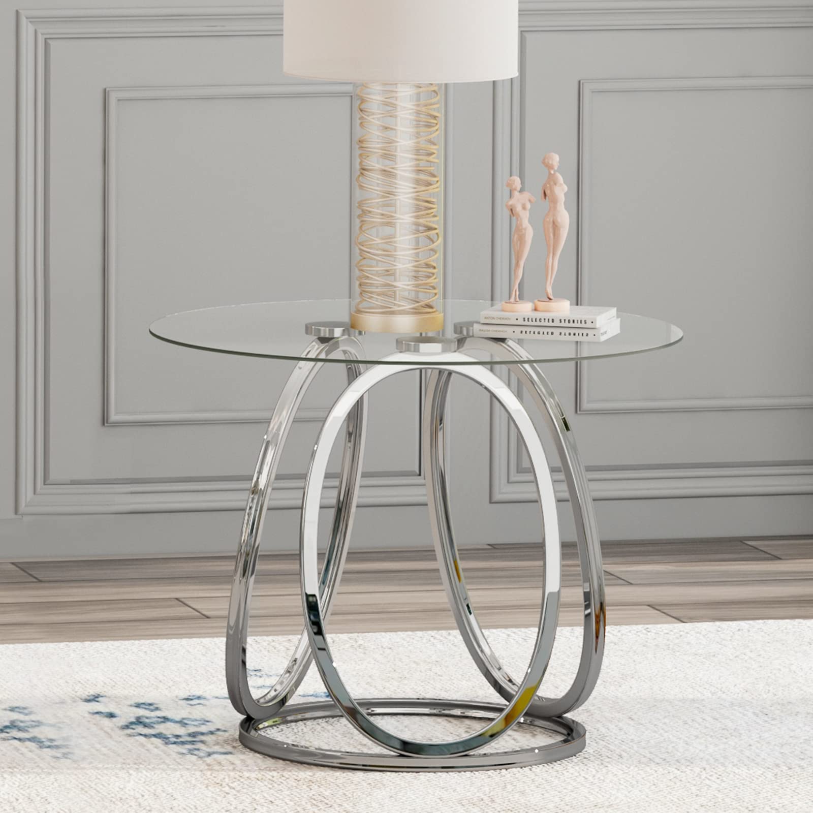 Silver Glass End Table for Living Room, Glass Side Table for Bedroom