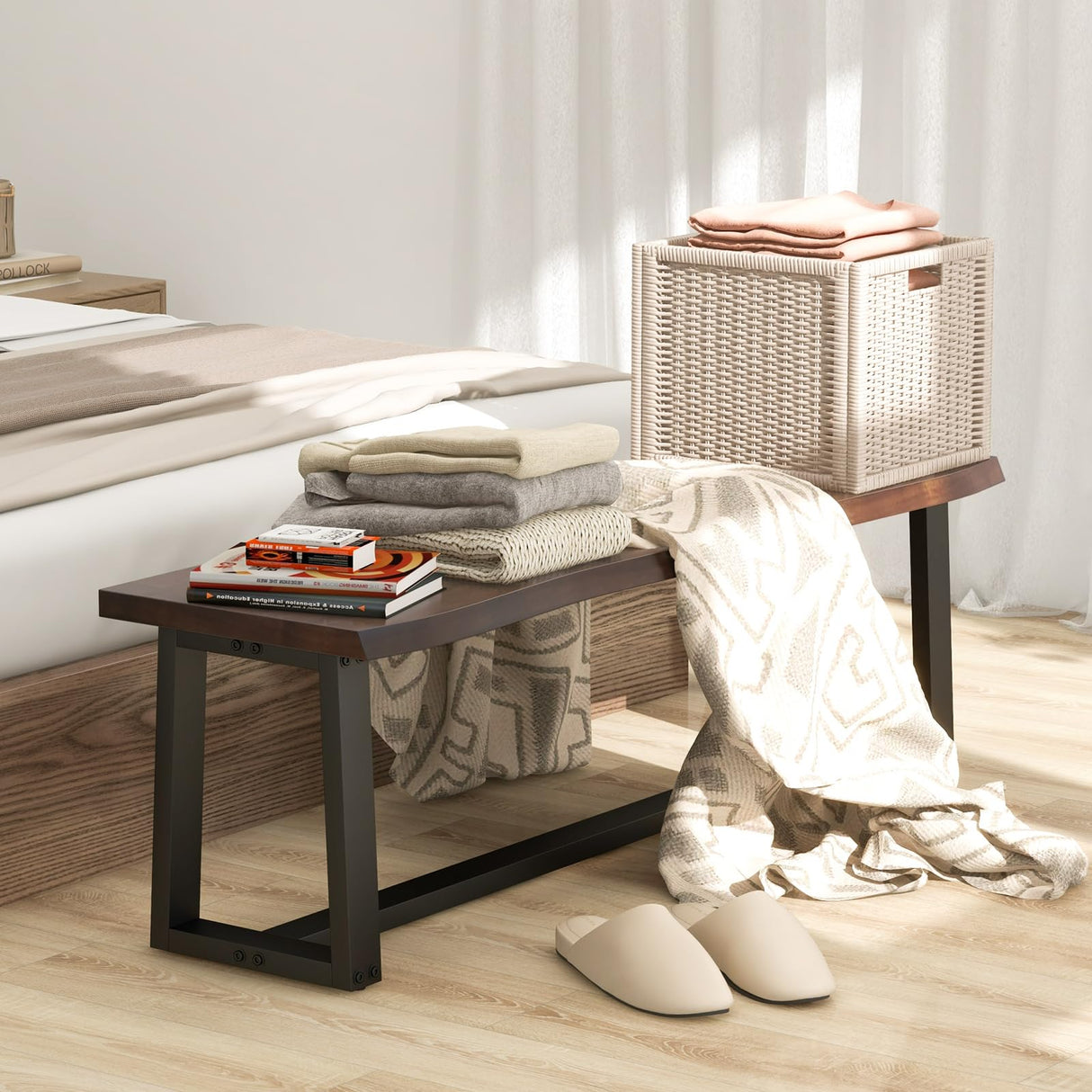 56.5" L Wood Dining Bench, Industrial Table Bench