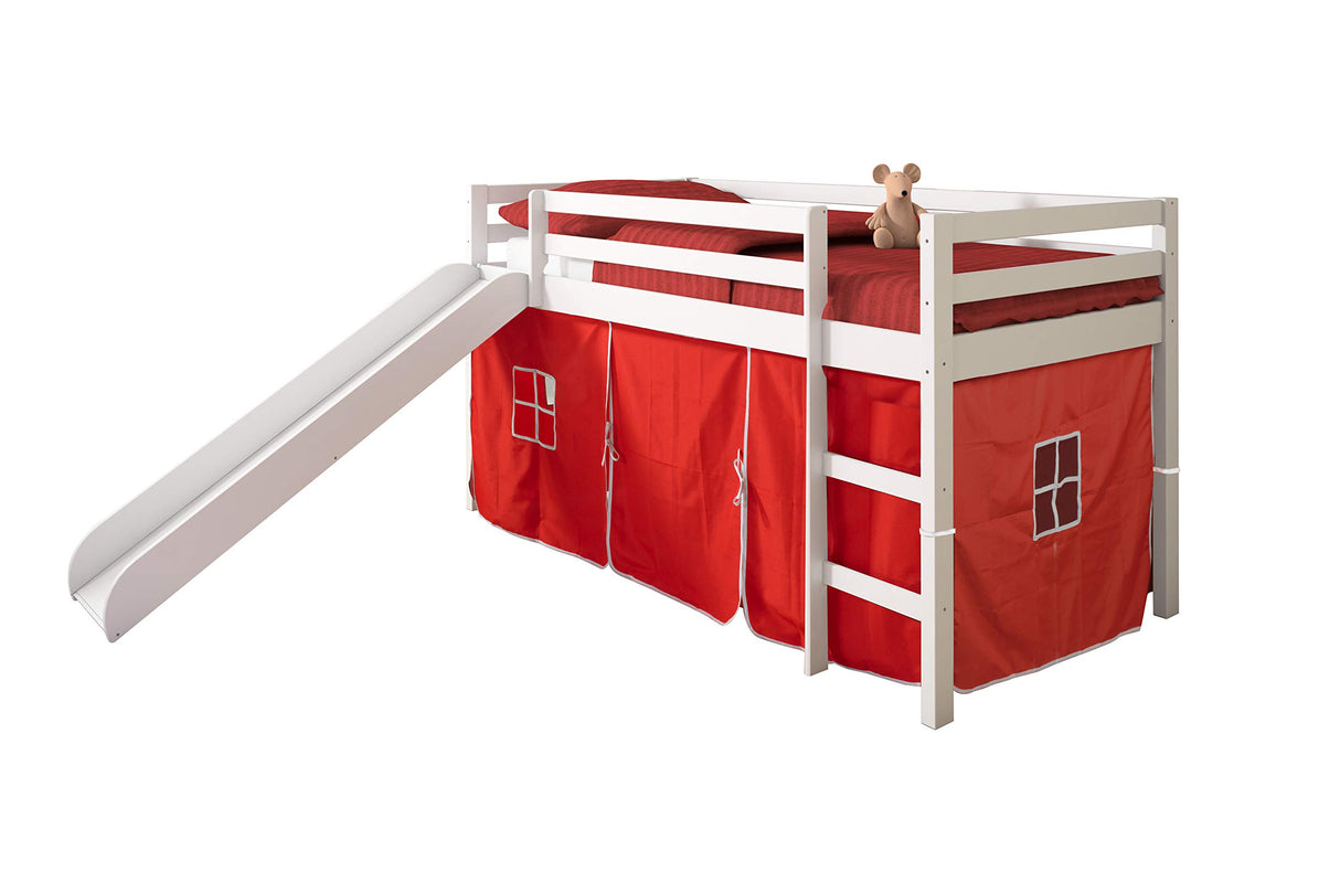 Tent Twin Low Loft Bed with Slide and Red Tent, White Finish