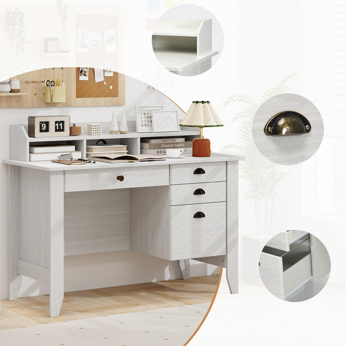 Computer Desk with 4 Storage Drawers and Hutch Wood Executive Table for PC Laptop