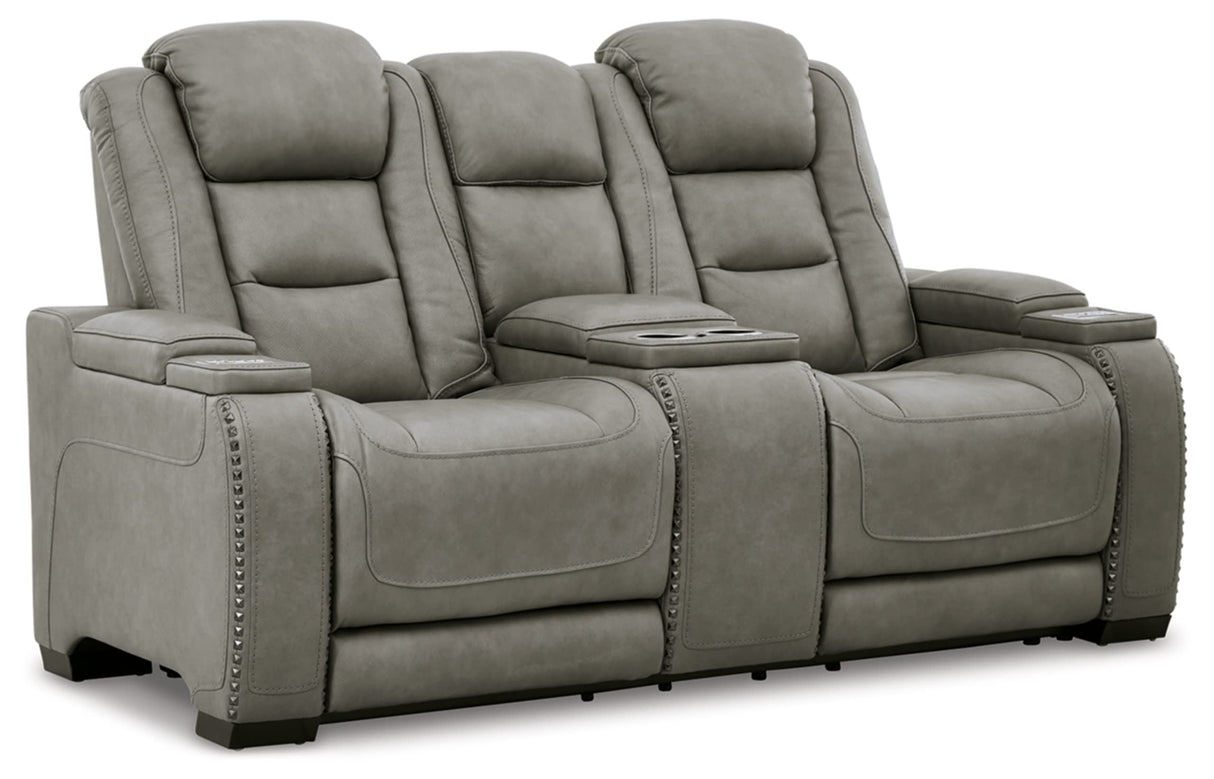 The Man-Den Leather Power Reclining Loveseat with Center Console, Adjustable Headrest