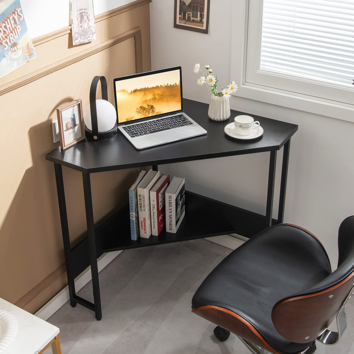 Corner Desk with Power Outlet, Triangle Computer Desk for Small Space