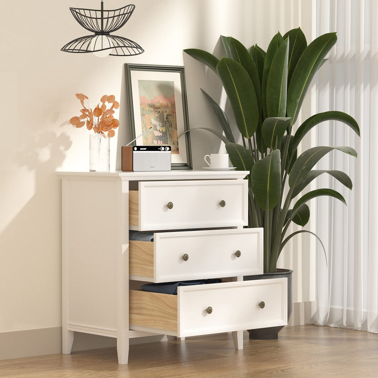 White Nightstand with 3 Drawers and Charging Station, Solid Wood Nightstand