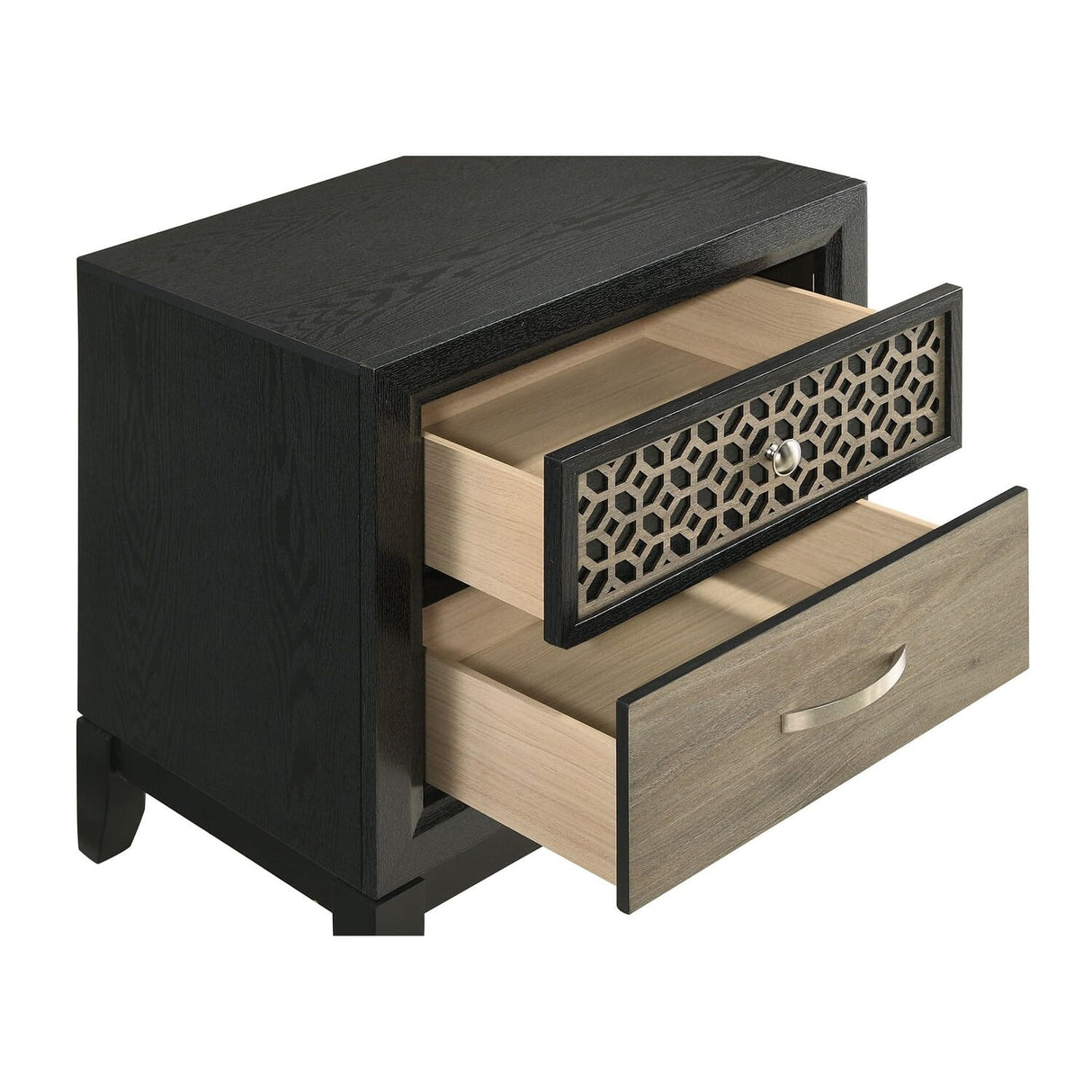 AKI 25 Inch Nightstand, 2 Drawers, Geometric Cut Out Front, Black, Brown and Silver