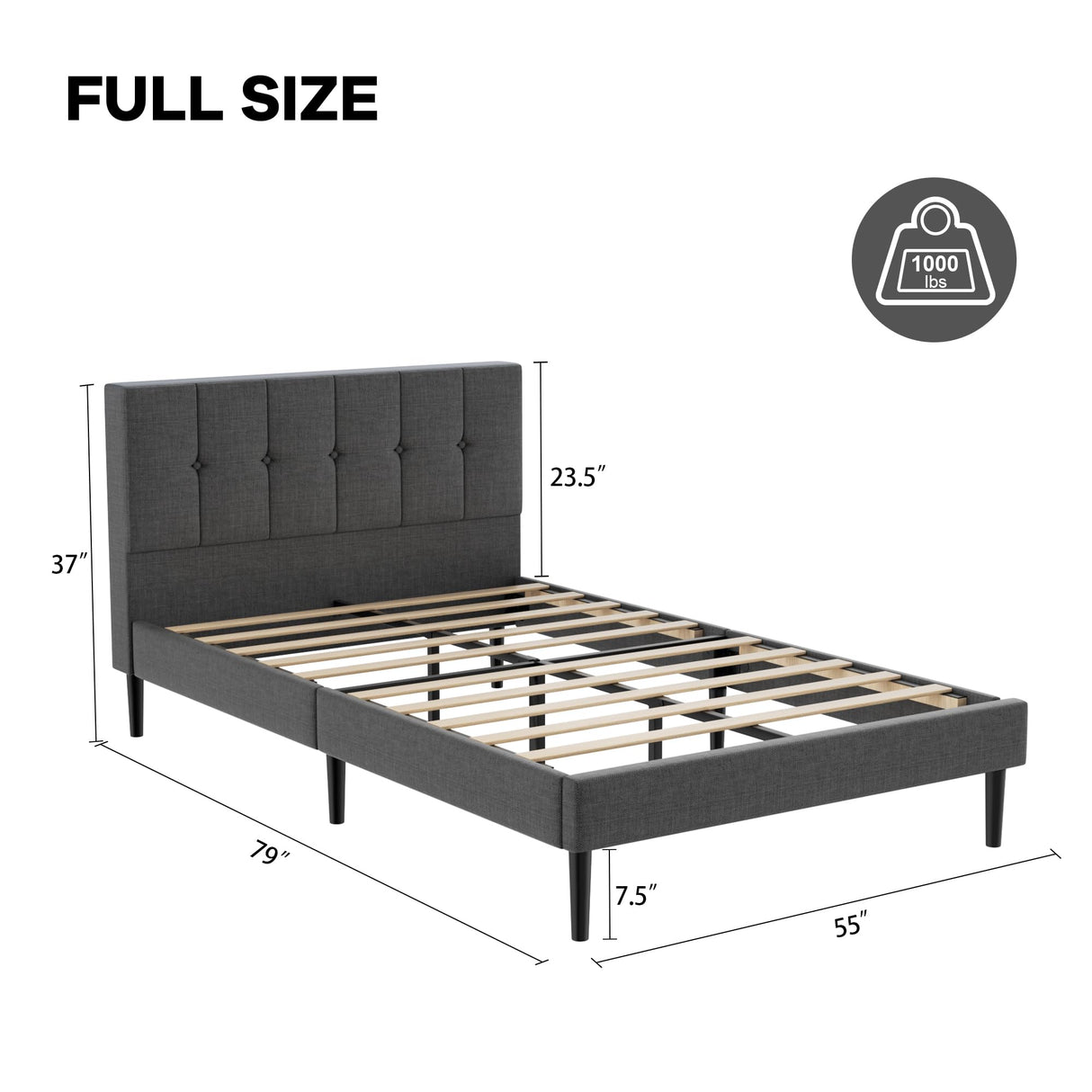 Full Bed Frame with Button Tufted Headboard, Fabric Upholstered Platform Bed Frame,