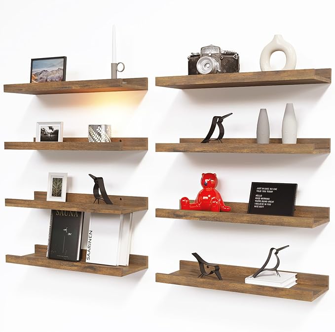 Floating Wall Mounted Shelves, 8pc Set with Lip - Black Nursery Book Shelves for Bedroom