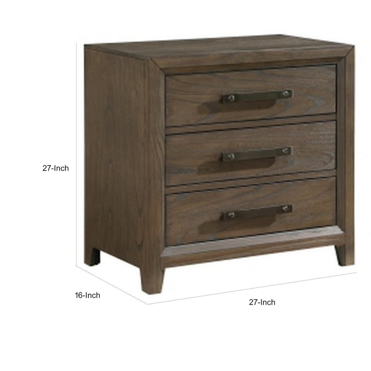27 Inch Nightstand, 3 Drawers, Handles, Brushed Walnut, Brown, Black and Nickel
