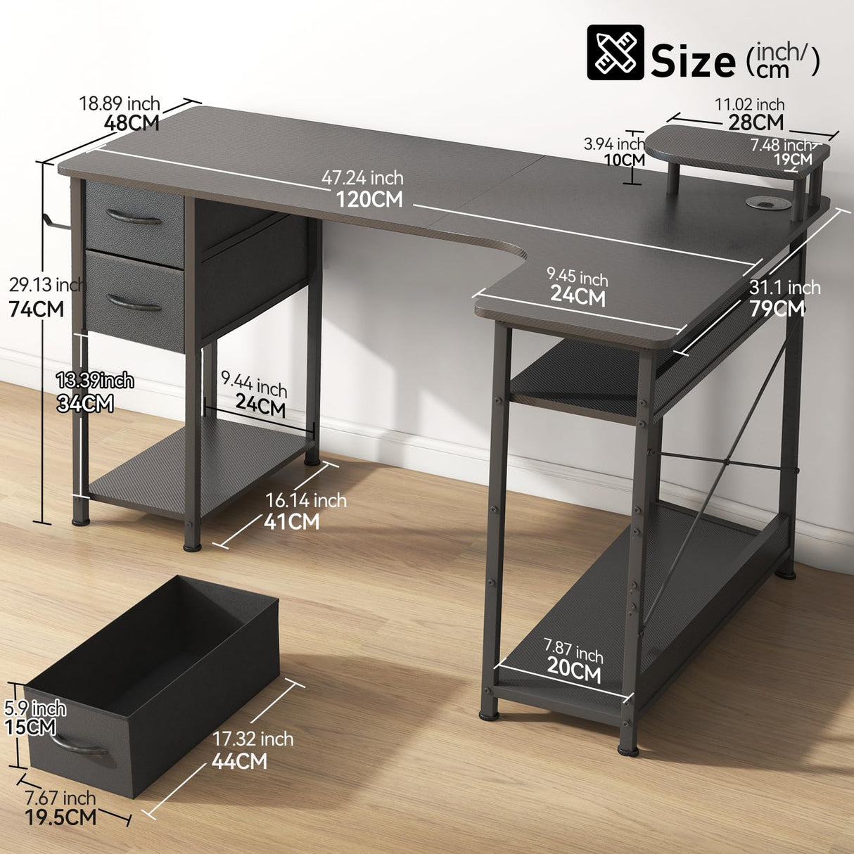 Gaming Desk with Drawers, Carbon Fiber Style L Shaped Computer Desk Compatible