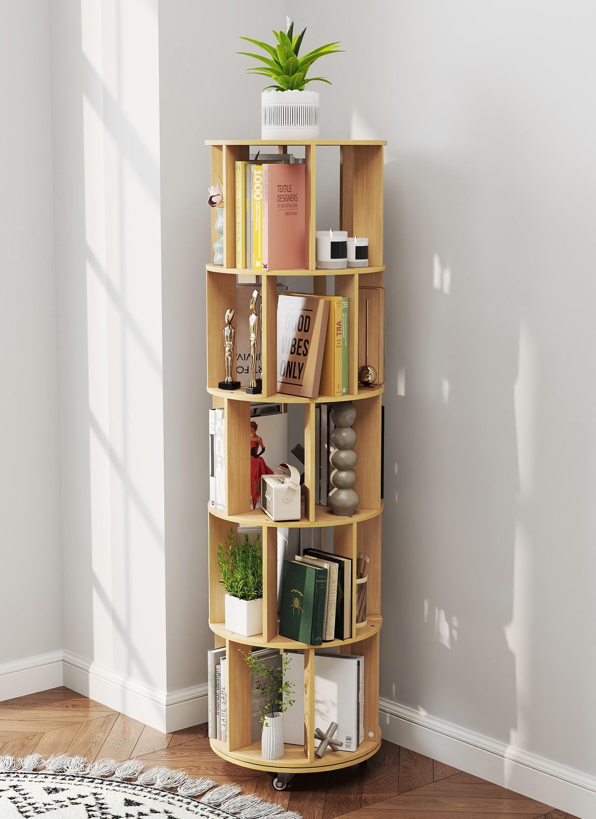 5 Tier Rotating Bookshelf with Wheels 360° Display Stackable Spinning Book shelf