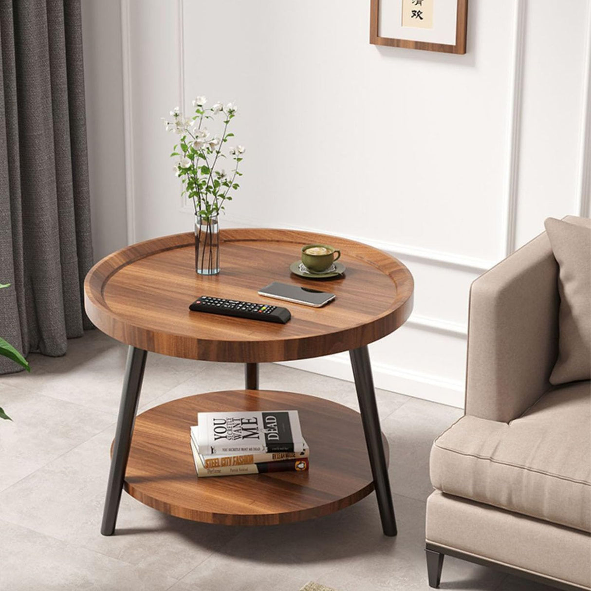 Small Round Side Table, 2-Tier Circle Coffee Table, 19.7inch Round End Table