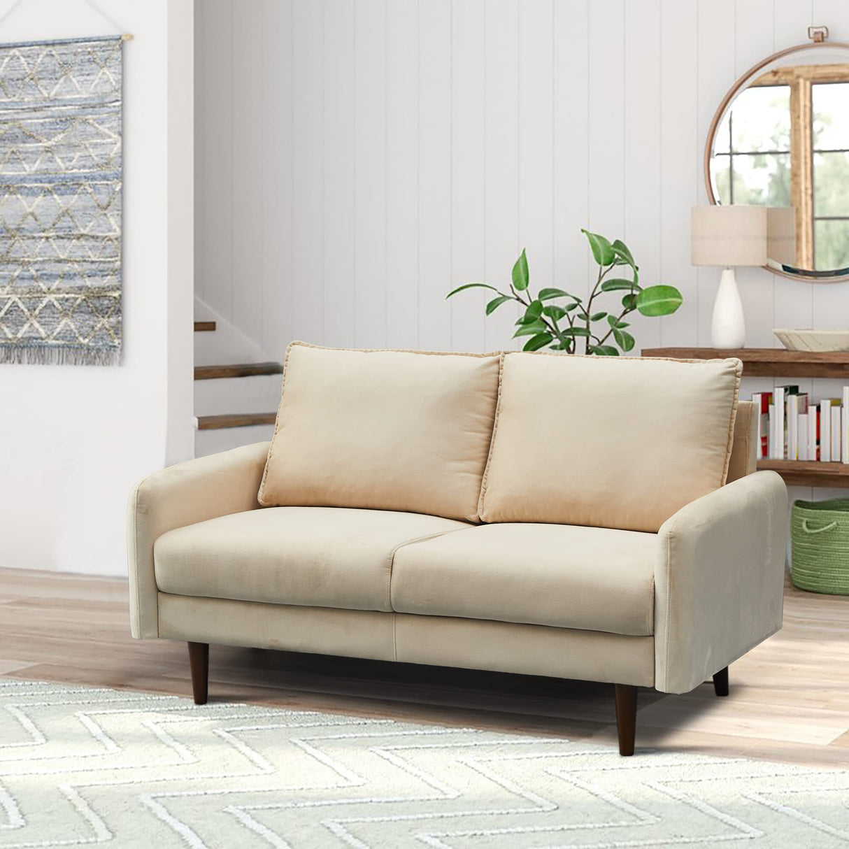 Velvet Loveseat Mid-Century Modern Sofa Tufted Couch with Wooden Legs for Living Room - Beige