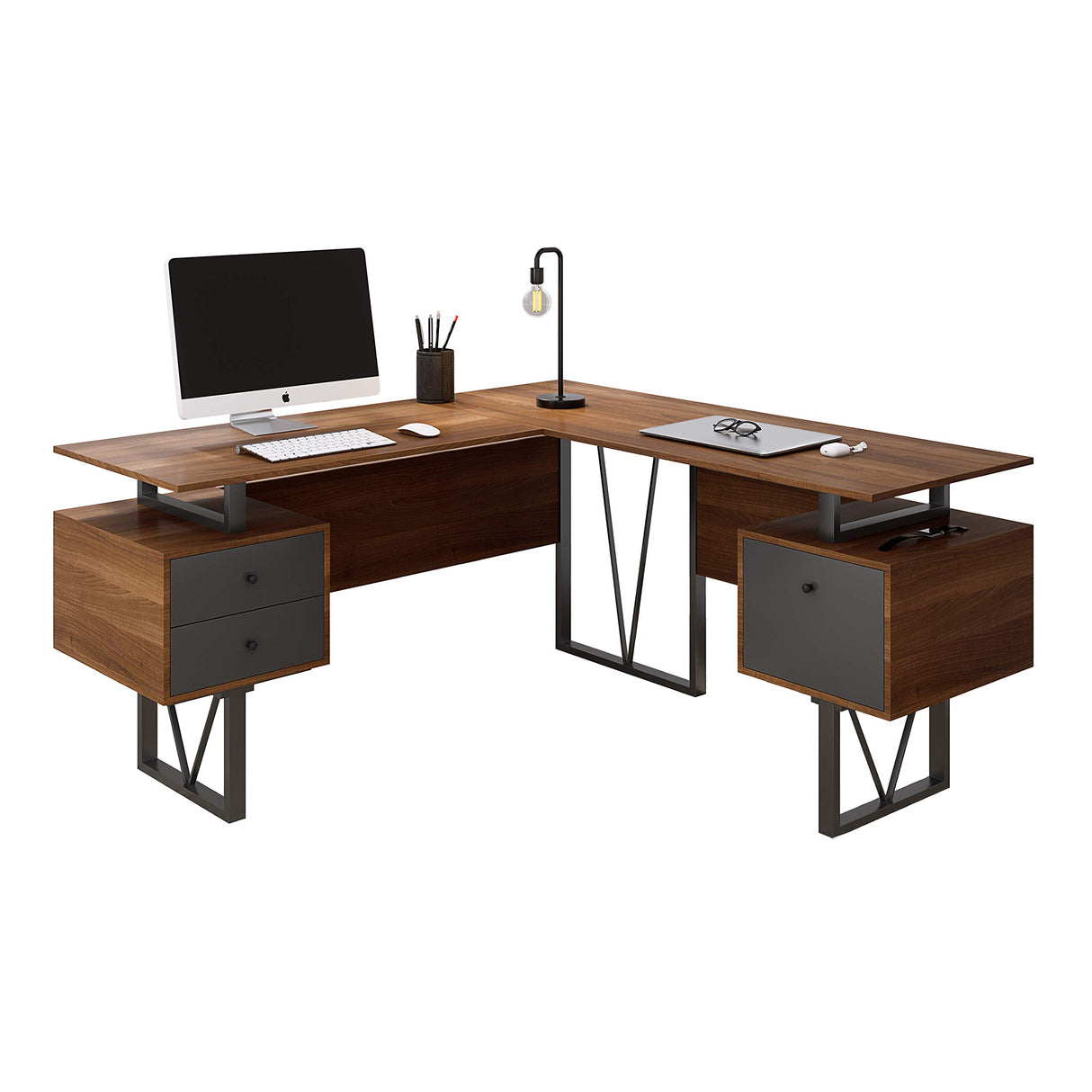 Reversible L Shaped Desk with File Cabinet and Drawers 59” W – Modern Versatile L Shaped Office Desk with Drawers and File Cabinet - Brown