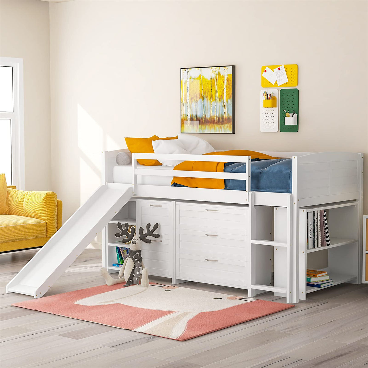 Slide and Storage Twin Loft Bed Frame with Cabinet Drawers and Book Shelves, Wooden