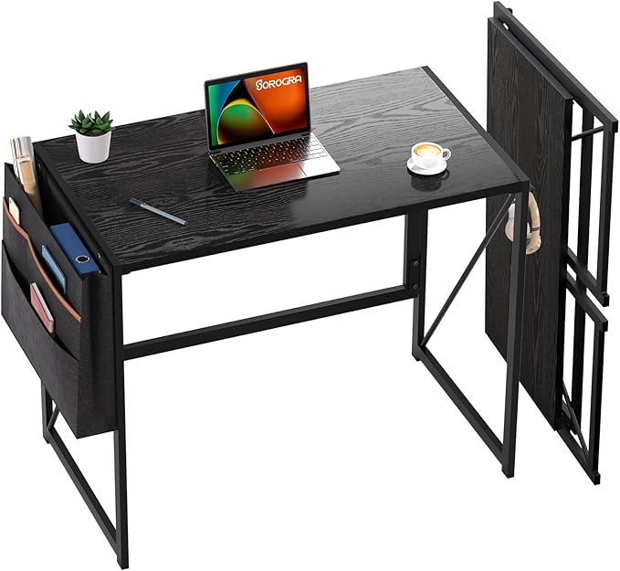 Small Folding Desk, 31.5 Inch Spaces Saving Foldable Table with Storage Pocket