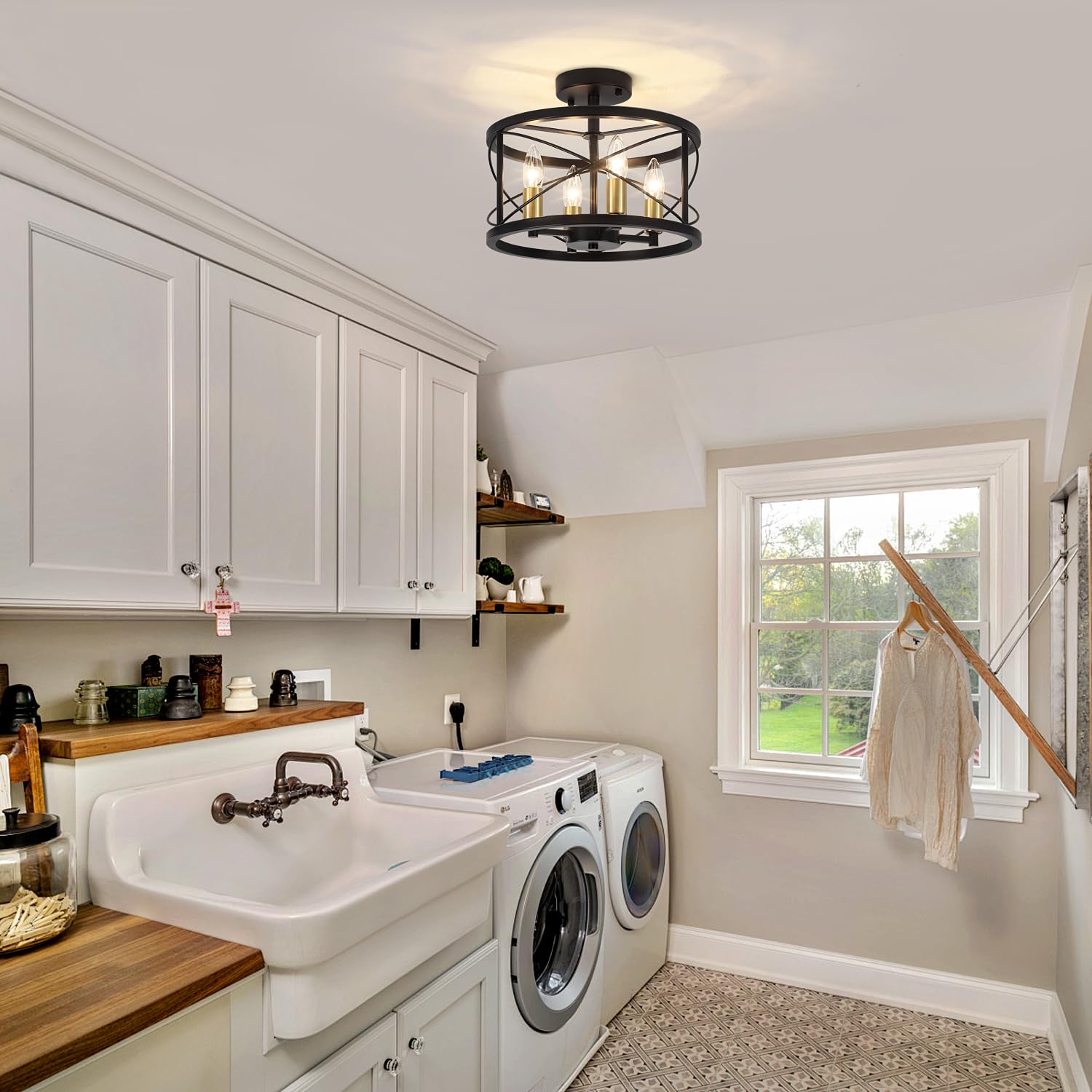 4-Light Modern Ceiling Light, Black Gold Semi Flush Mount Ceiling Light, Hallway Light