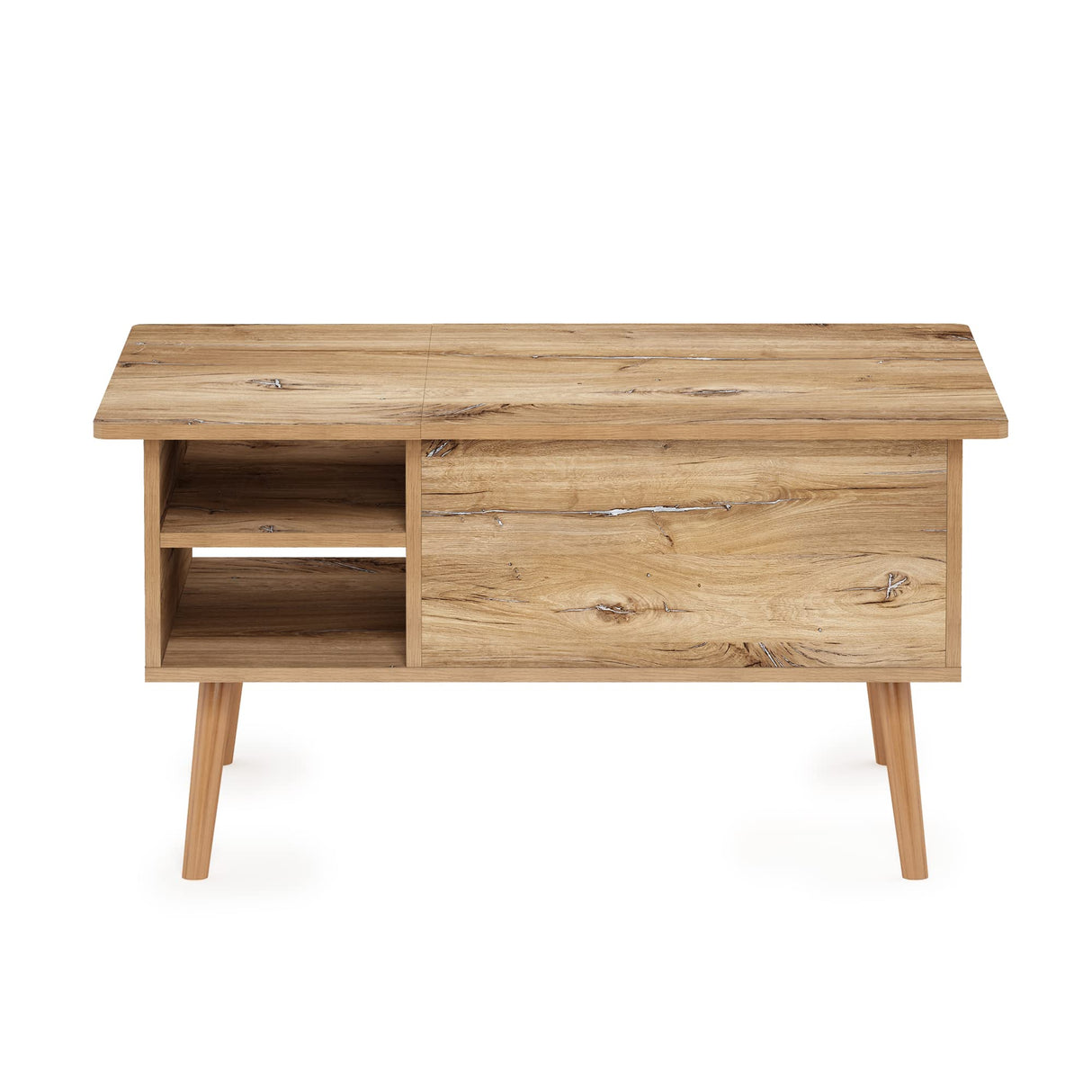 Jensen Wooden Leg Lift Top Coffee Table with Hidden Compartment and Side Open Storage Shelf