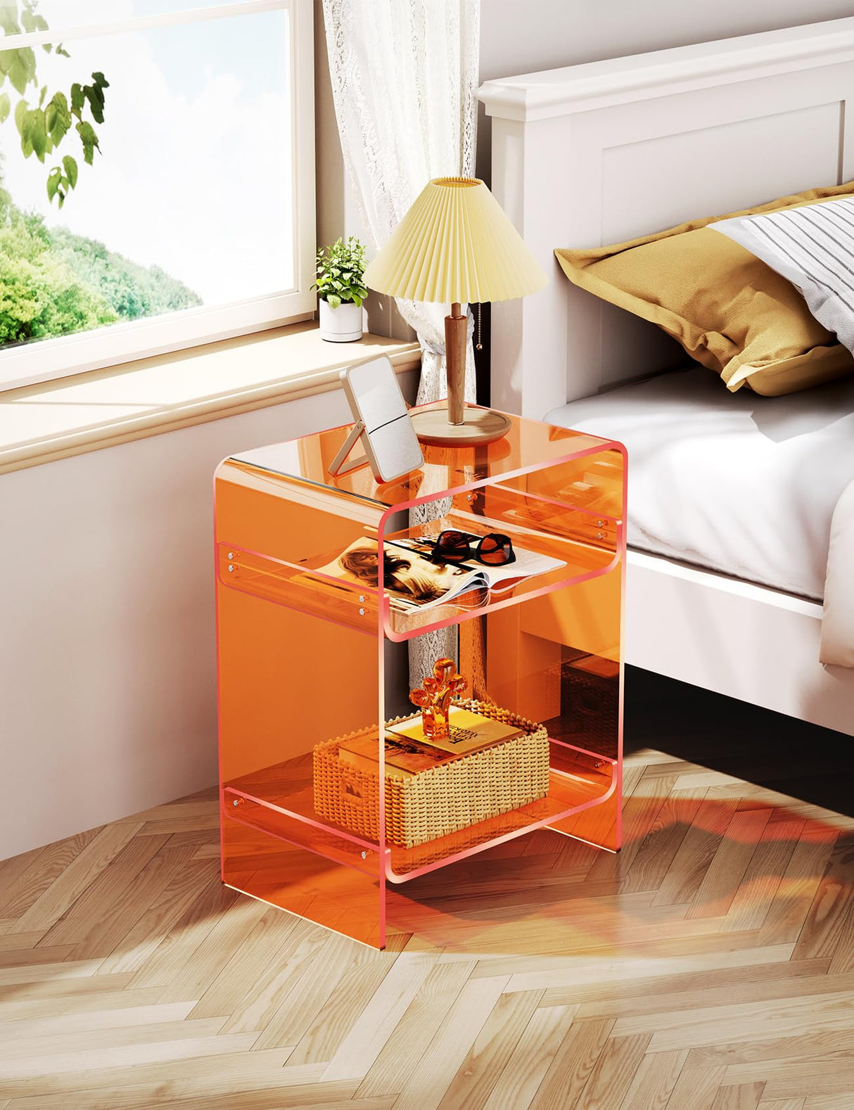 Storage Shelf, Clear Side Table Nightstand (Orange)