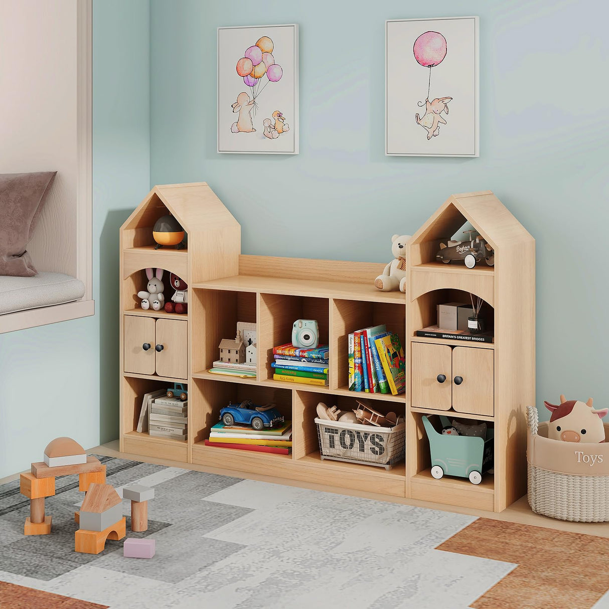 Kids Bookcase and Toy Storage Organizer, Children Bookshelf, Castle Shape