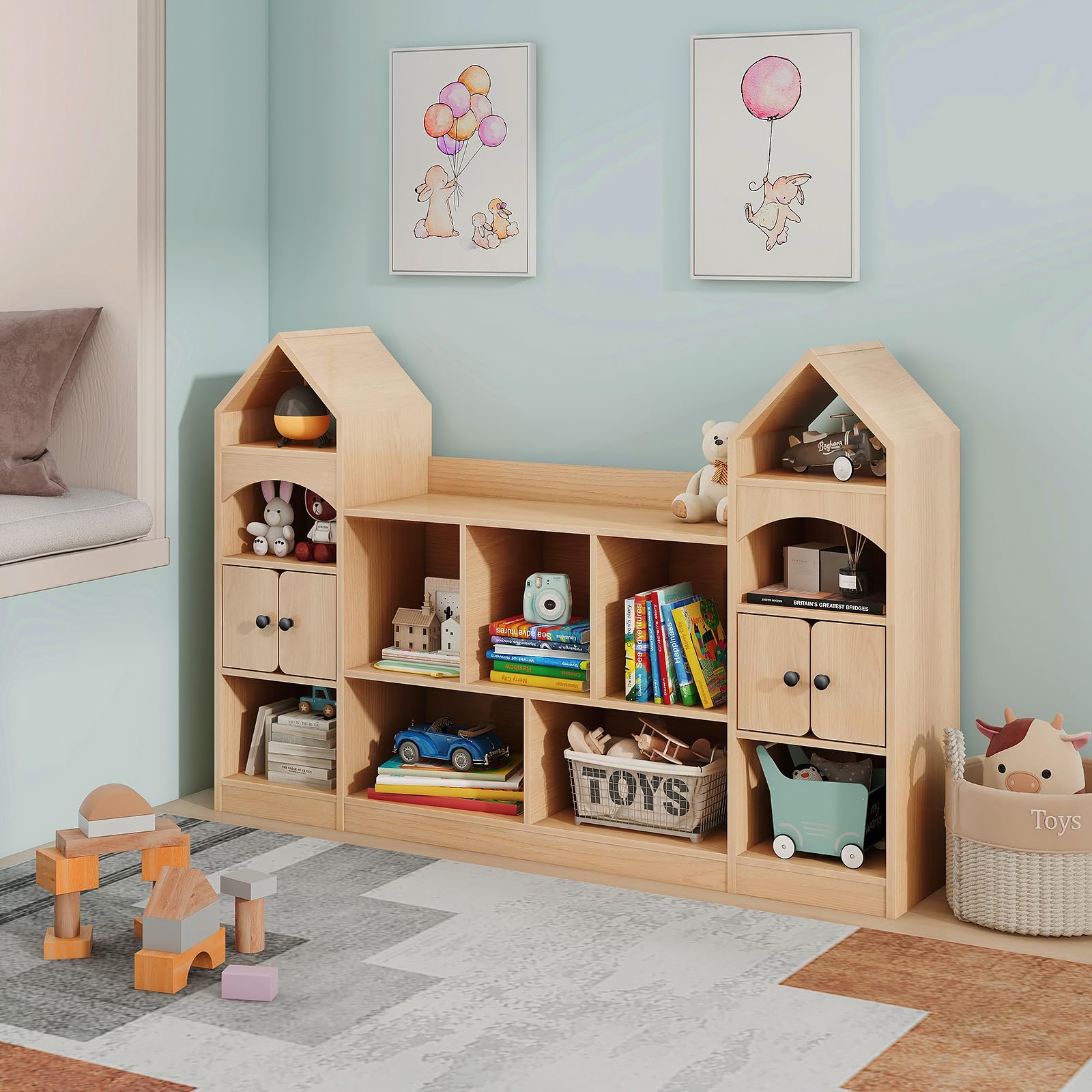 Kids Bookcase and Toy Storage Organizer, Children Bookshelf, Castle Shape