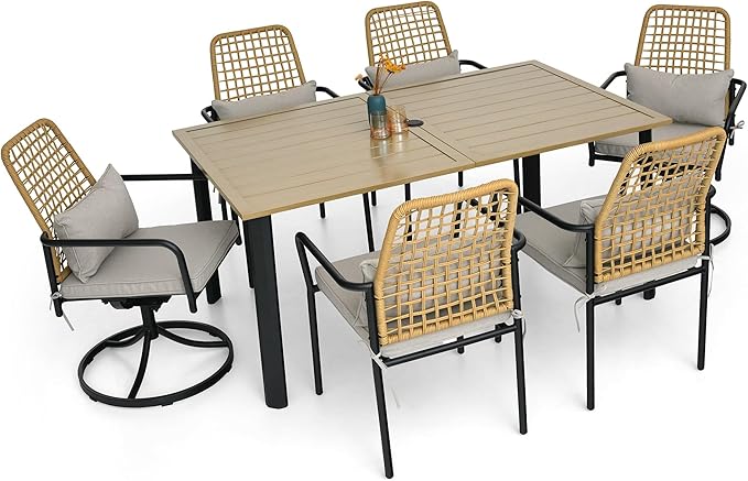 Stackable Rattan Patio Dining Chairs and and Rectangle Table Set of 6 with 63"x38" Wood-Like Table