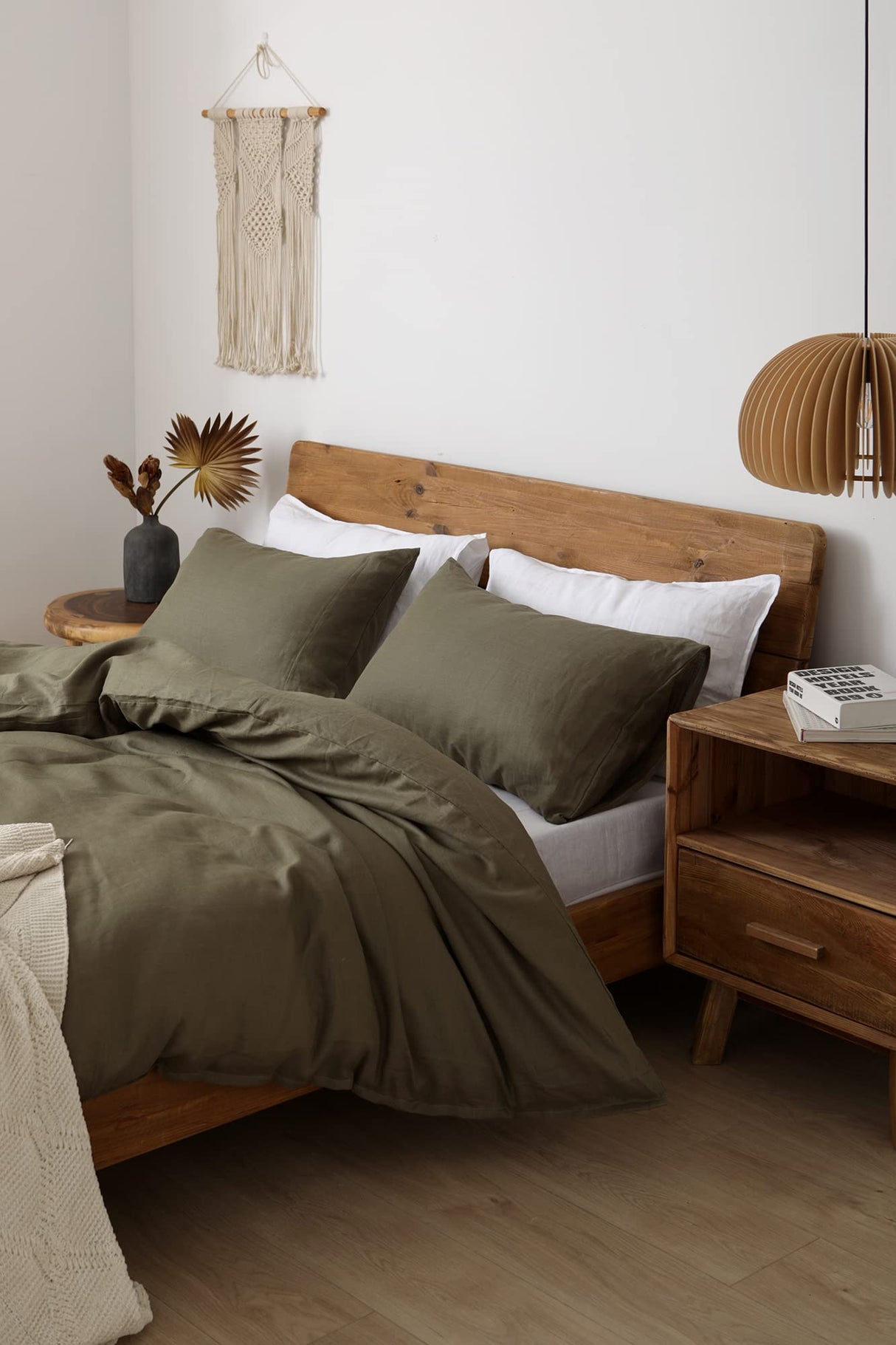 100% Natural French Flax Linen Duvet Cover King, Olive Green Cooling Duvet Cover Set