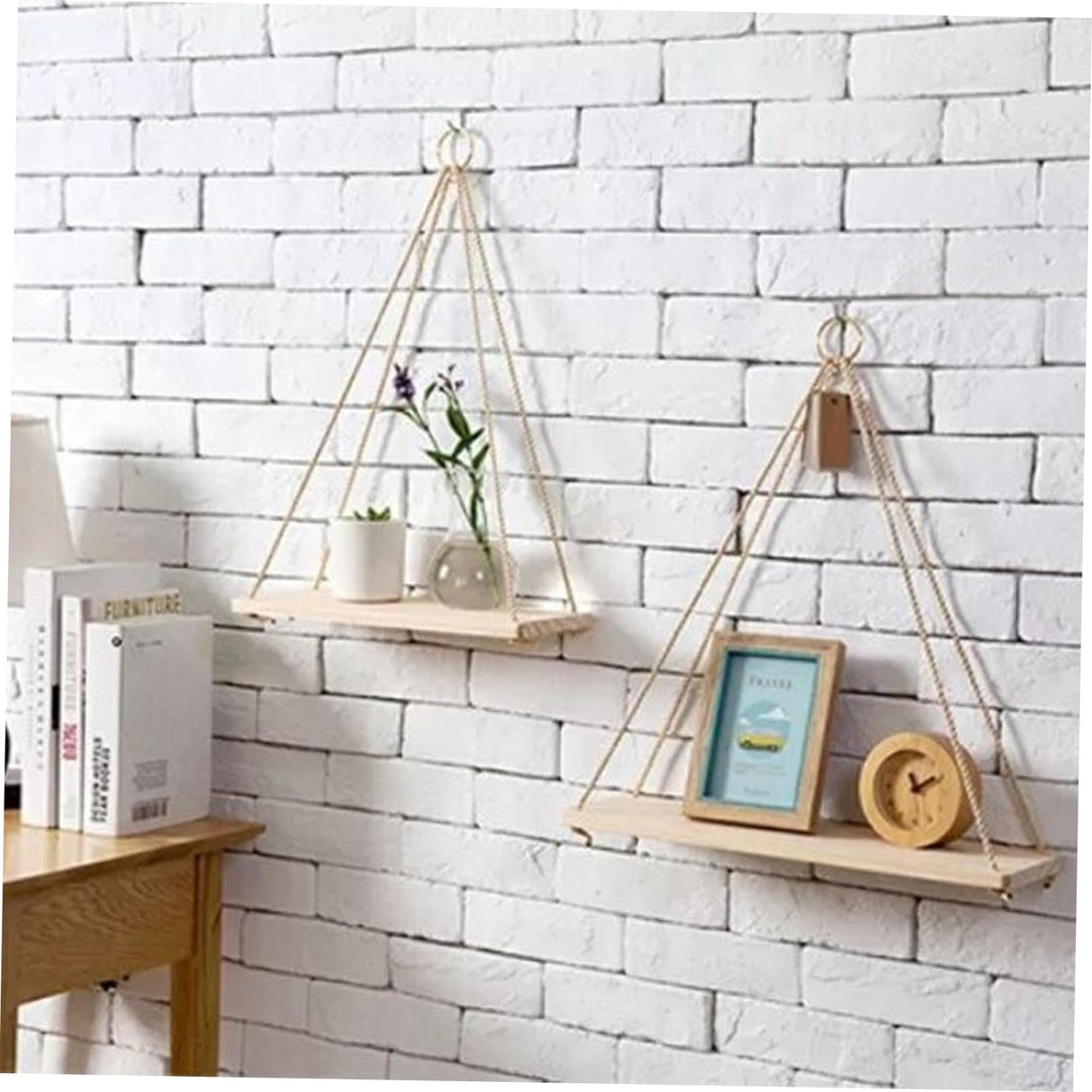 Hanging Flower Pot Storage Rack Wooden Sling Shelf Ropes for Home Wall Decor