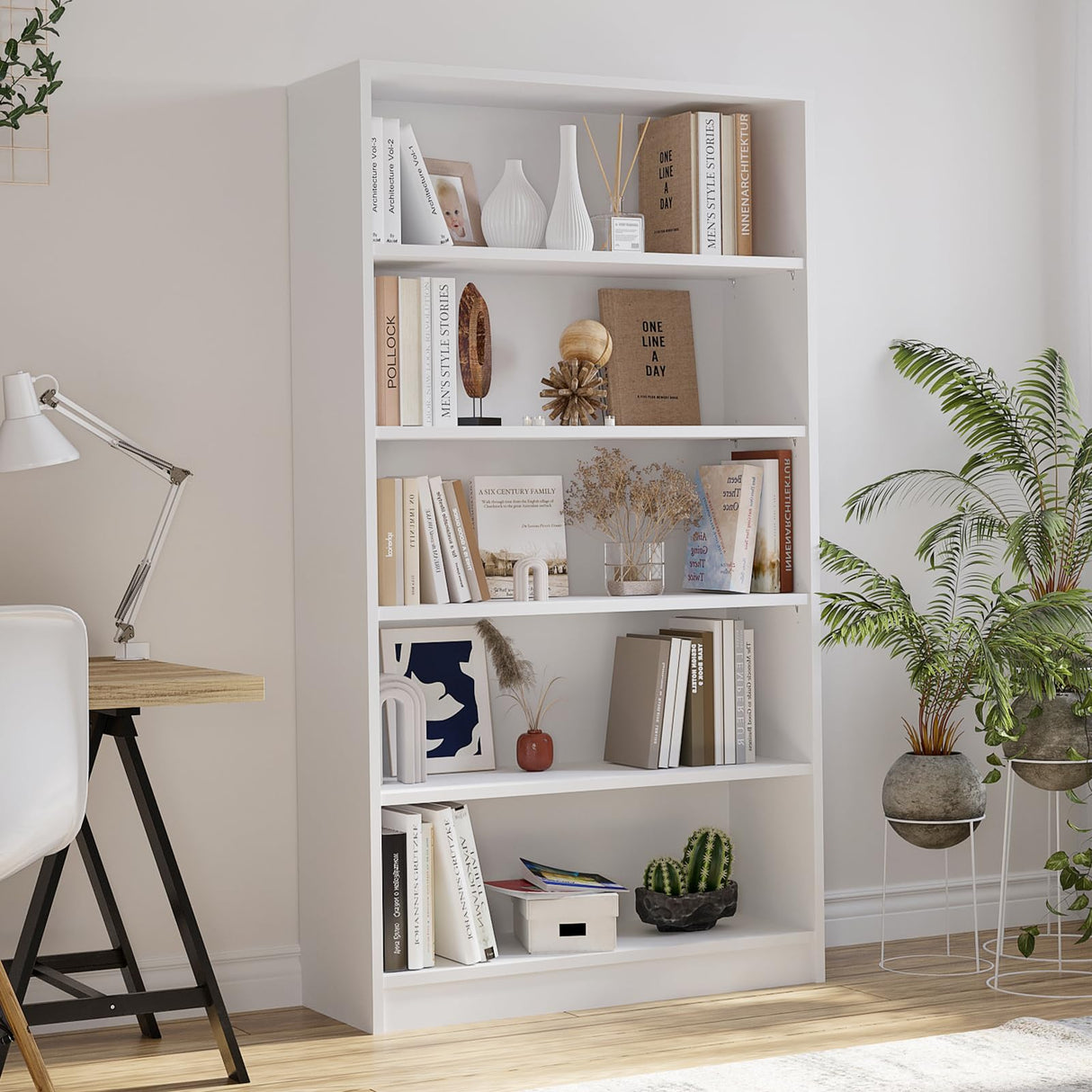 5-Shelf Bookshelf,Free Standing Bookcase for Home Office,White
