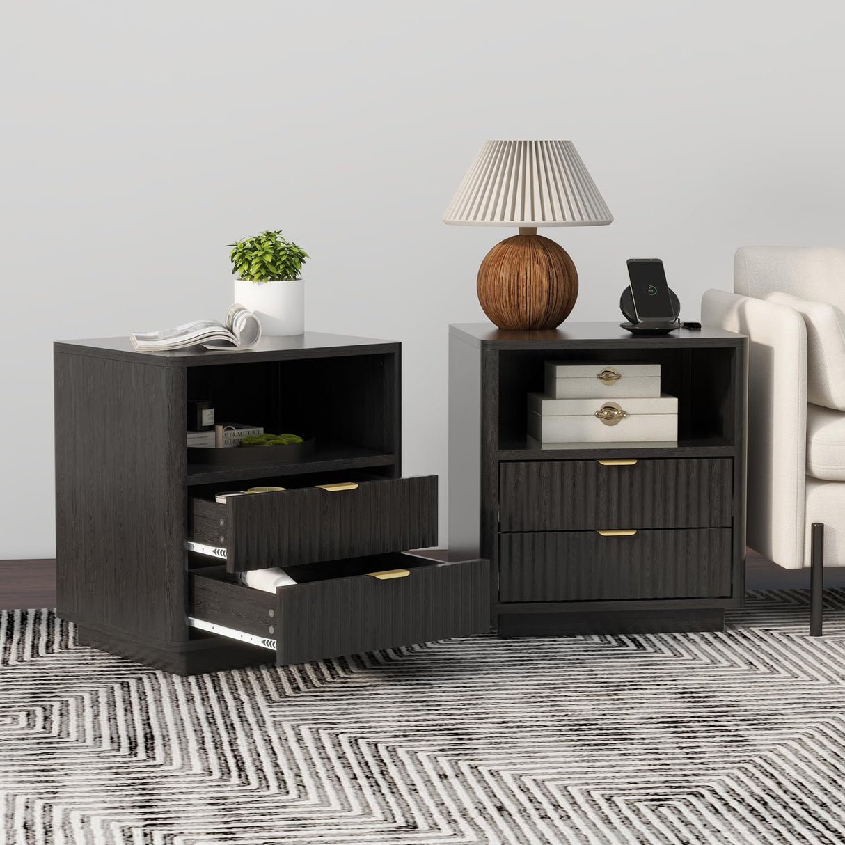 Set of 2, Black Night Stands with 2 Drawers