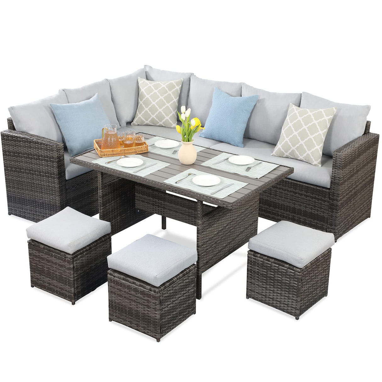 Patio Furniture Set - 7 Piece Wicker Rattan Outdoor Dining Set with Table