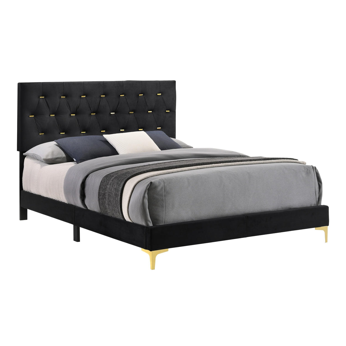 Lif Platform King Size Bed, Panel Tufted Headboard, Velvet, Black and Gold