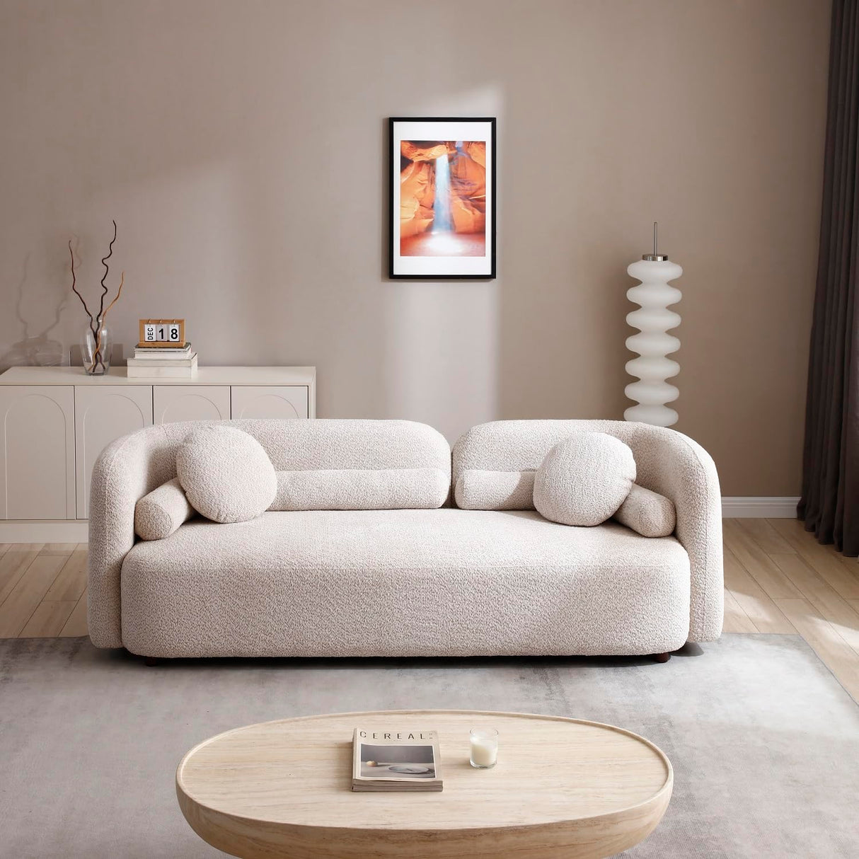 Modern Sofa, Boucle Upholstery, Rolled Arms (Light Beige)