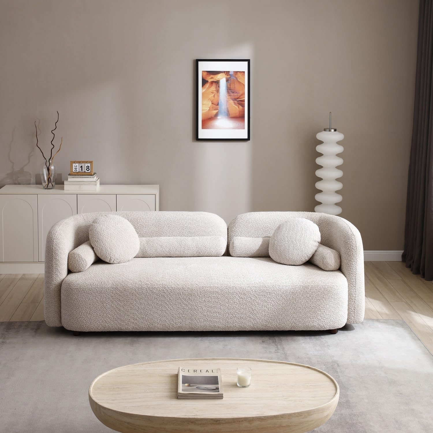 Modern Sofa, Boucle Upholstery, Rolled Arms (Light Beige)