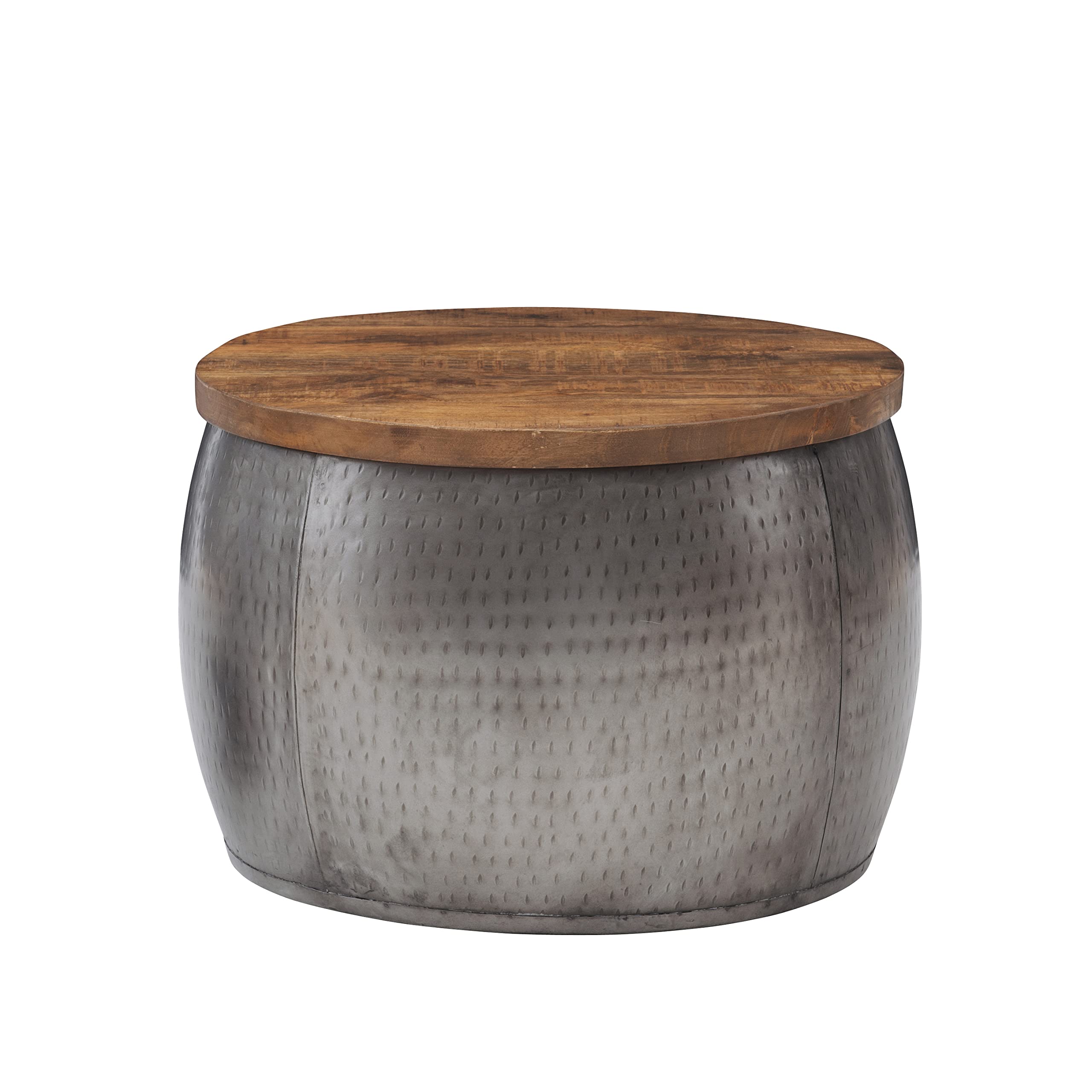 Hammered Silver Drum with Natural Wood Lift Top for Storage Janice Table