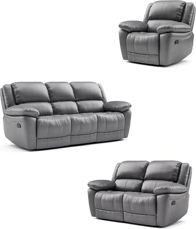 America Sorin Modern 3-Piece Leather Recliner Sofa Set with Pillow Armrests, Reclining