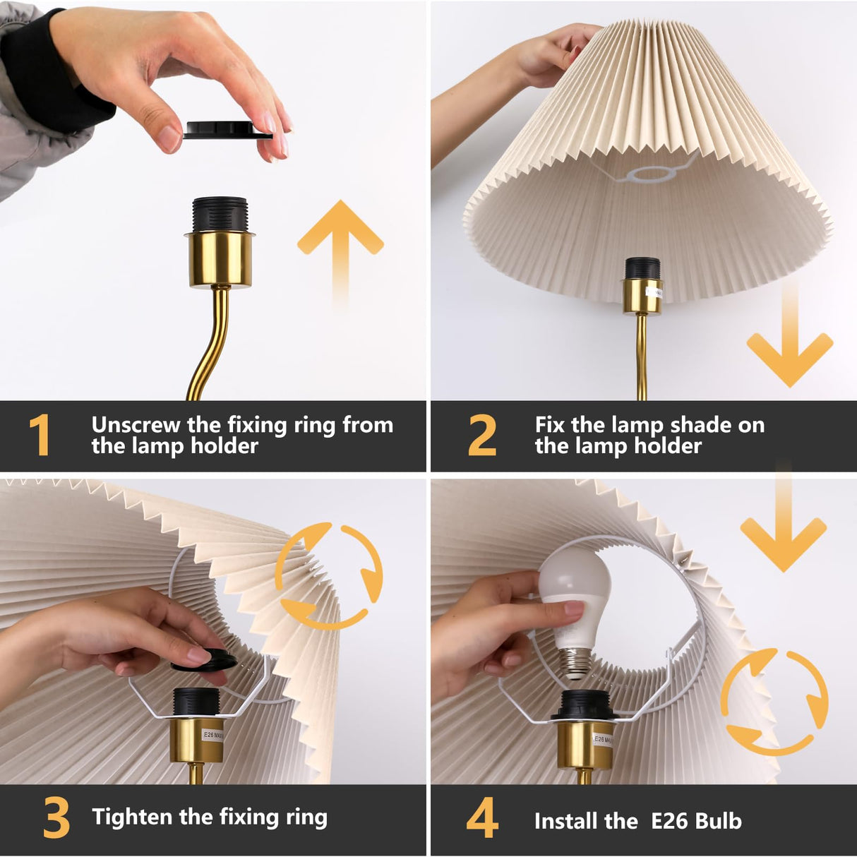 KUNJOULAM Modern Pleated Floor Lamp, Black Pole Floor Lamps, Simple Design Tall Lamp with Adjustable Beige Lampshade, Standing Lamp for Living Room, Bedroom, Office, Home (Without Bulb)