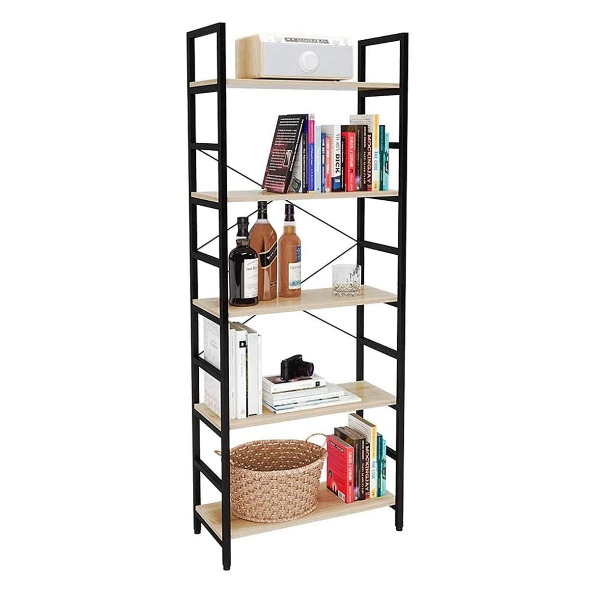 5 Tier 26 Inches Adjustable Multifunctional Standing Display Rack Storage Shelf Organizer for Home, Office, and Kitchen, Oak and Black Frame