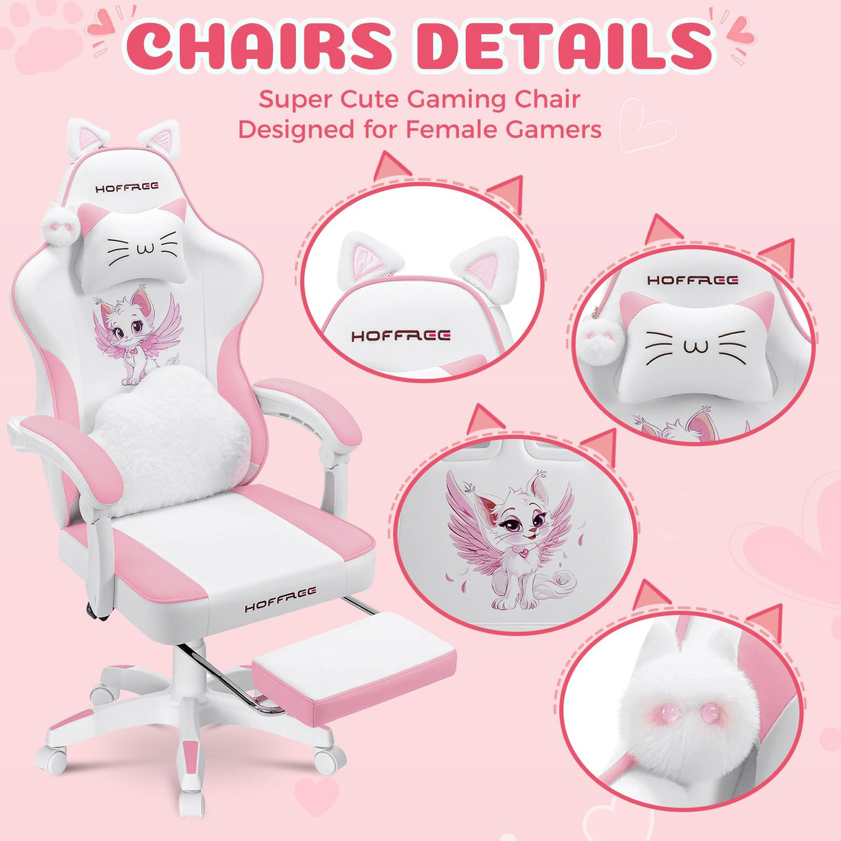 Pink Gaming Chair with Cat Ears and Footrest