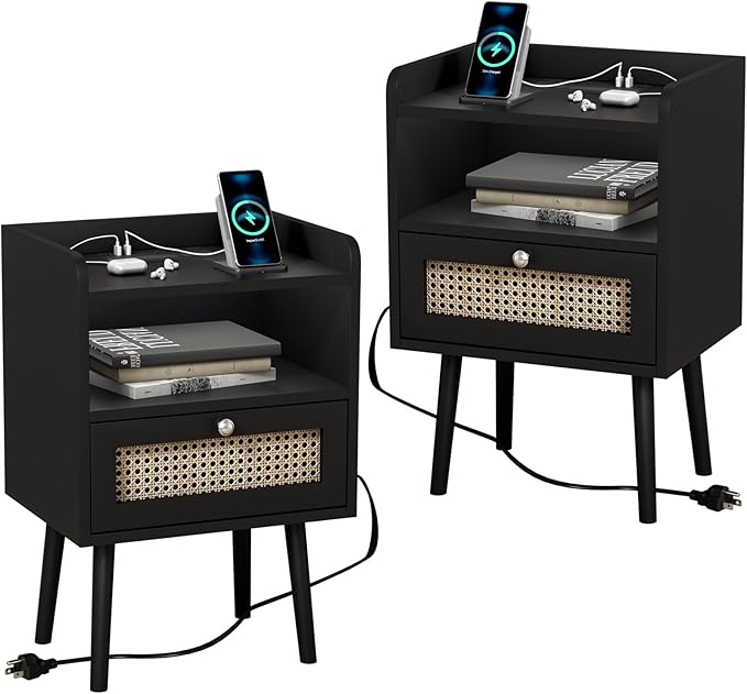 White Nightstand Set of 2 with Charging Station