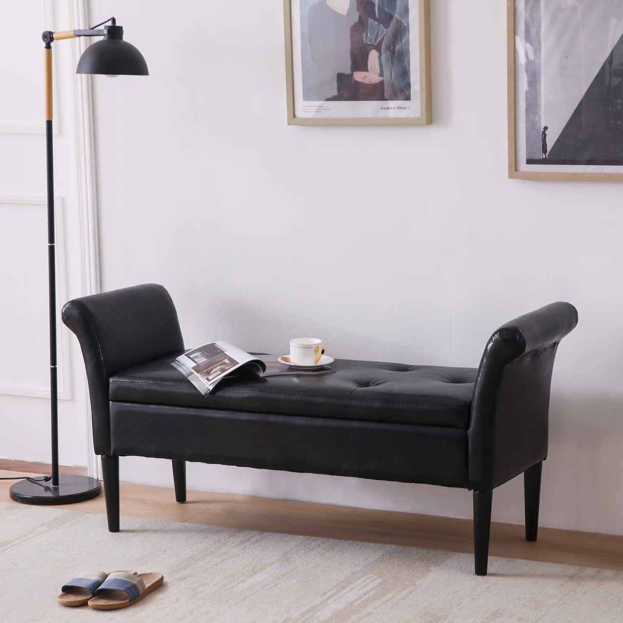 Black Faux Leather Storage Ottoman Bench