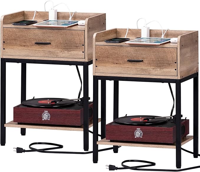 Nightstand with Charging Station and USB Ports, Natural Night Stand