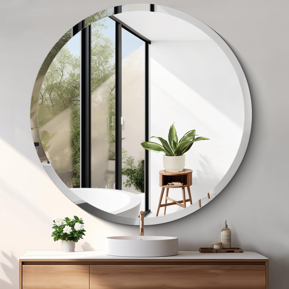 Frameless Round Mirror, 42 inch Beveled Bathroom Mirrors