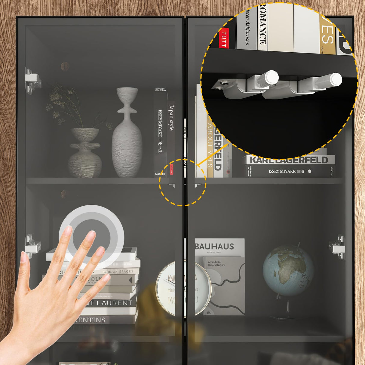 63”H Tall Glass Bookcase Display Cabinet with Lights, 4 Tier Shelves & 2 Glass Doors, Modern Bookshelf Organizer Glass Cabinet for Home Office, Living Room, Kitchen, Garage (Black)