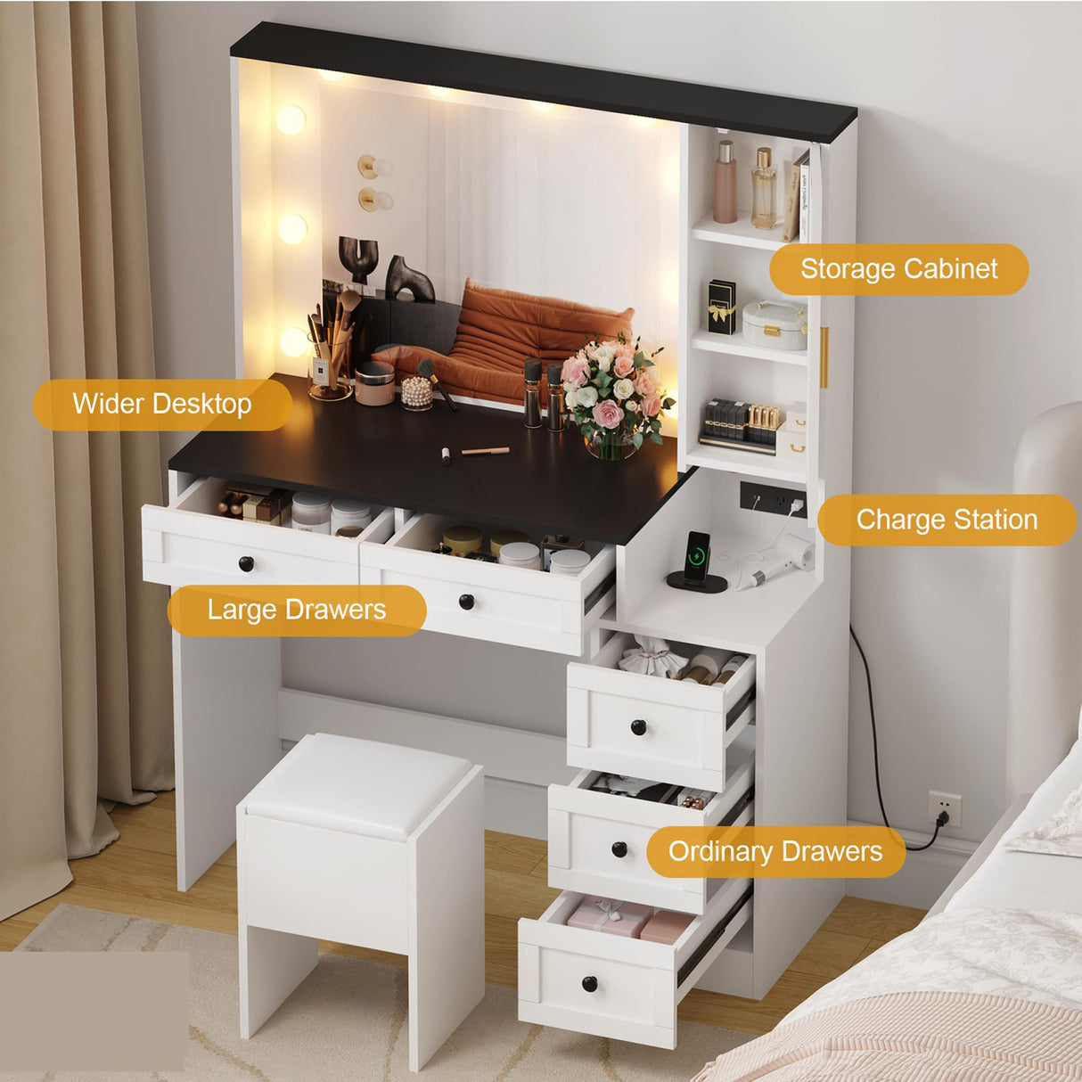 Makeup Vanity Set, Vanity Desk with Lighted Mirror& Charging Station, Makeup Vanity Desk with 5 Drawers& 3-Tier Cabinet, Dressing Table with Upholstered Stool, Wooden Vanity Table for Bedroom, White